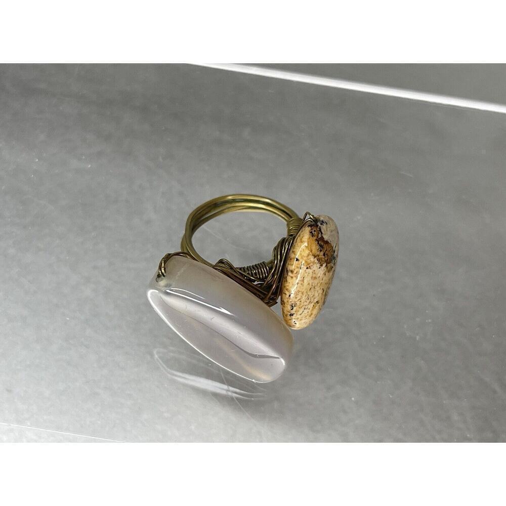 Double Stone Gold Wire Wrapped Ring Handmade Art Size 6.5 Grey Brown